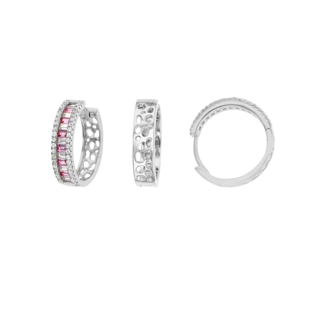 Sterling Silver Baguette Pink and Clear CZ Halo Huggie Earrings Image 1