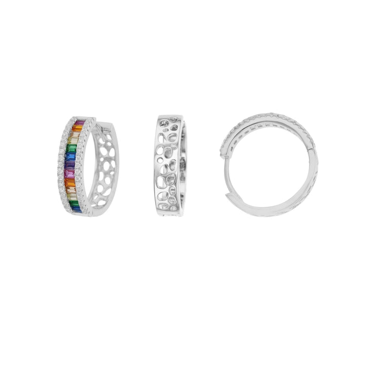 Sterling Silver Baguette Multi Color CZ Halo Huggie Earring Image 1