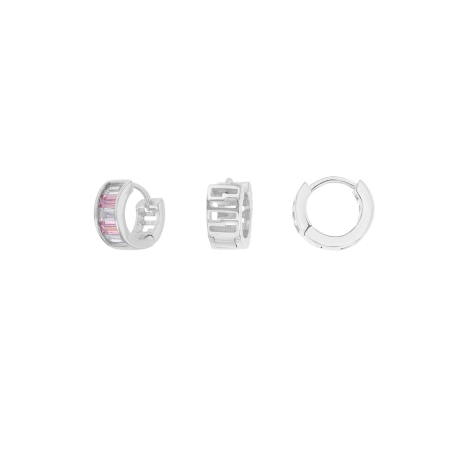 Sterling Silver Baguette Pink and Clear CZ Small Huggie Earring Image 1