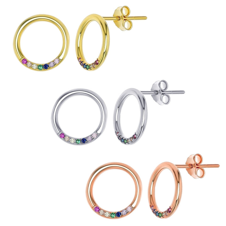 Sterling Silver Circle Multi Color CZ 3 Pair Stud Set Earring Image 1