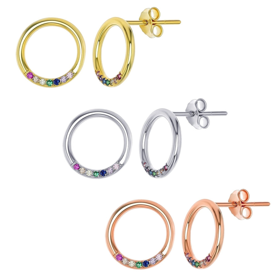 Sterling Silver Circle Multi Color CZ 3 Pair Stud Set Earring Image 1