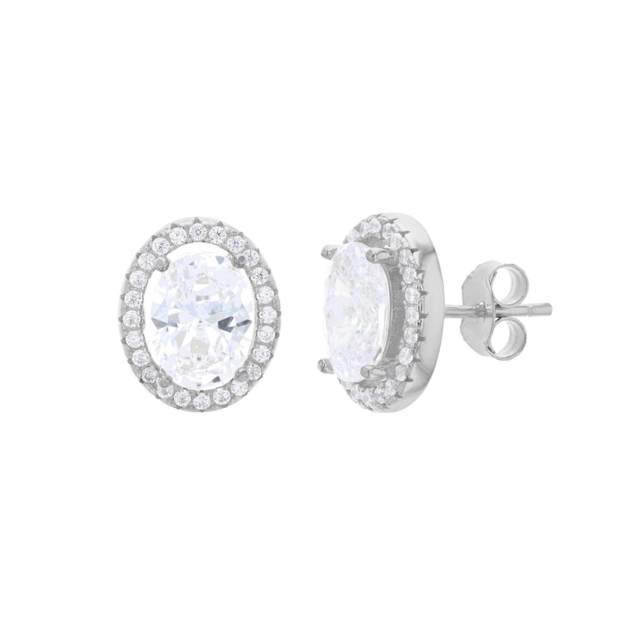 Sterling Silver Oval Center Halo CZ Stud Earring Image 1