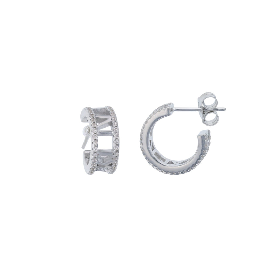 Sterling Silver Roman Numbers CZ Open Hoop Earring Image 1