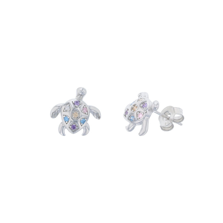 Sterling Silver Small Turtle Multi Color CZ Stud Earring Image 1