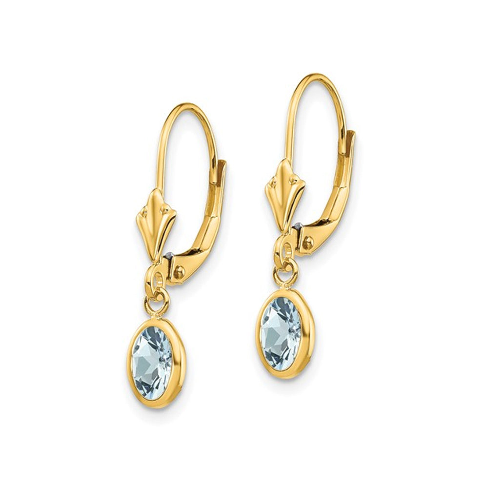 14K Yellow Gold Oval Cut Aquamarine Dangle Drop Earrings 4/5 Carat (ctw) Image 4