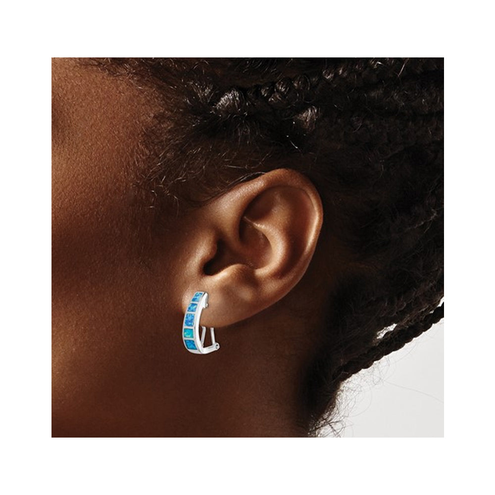 Synthetic Blue Opal Hoop Earrings in Sterling Silver Image 4