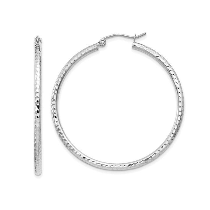 14K White Gold Medium Diamond-Cut Hoop Earrings 1 1/2 Inch (2.00 mm) Image 1