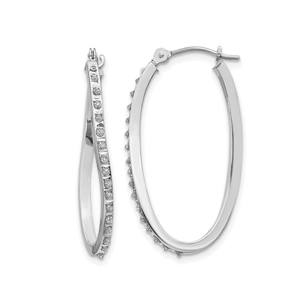 14K White Gold Oval Hoop Twist Earrings (1 1/4 Inch) with Diamond Accent Image 1