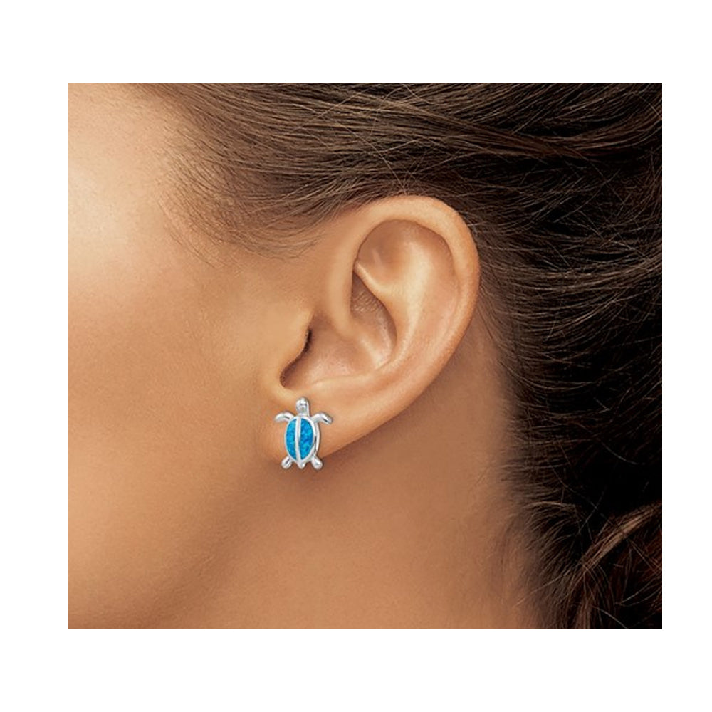 Lab-Created Blue Opal Turtle Stud Earrings in Sterling Silver Image 3