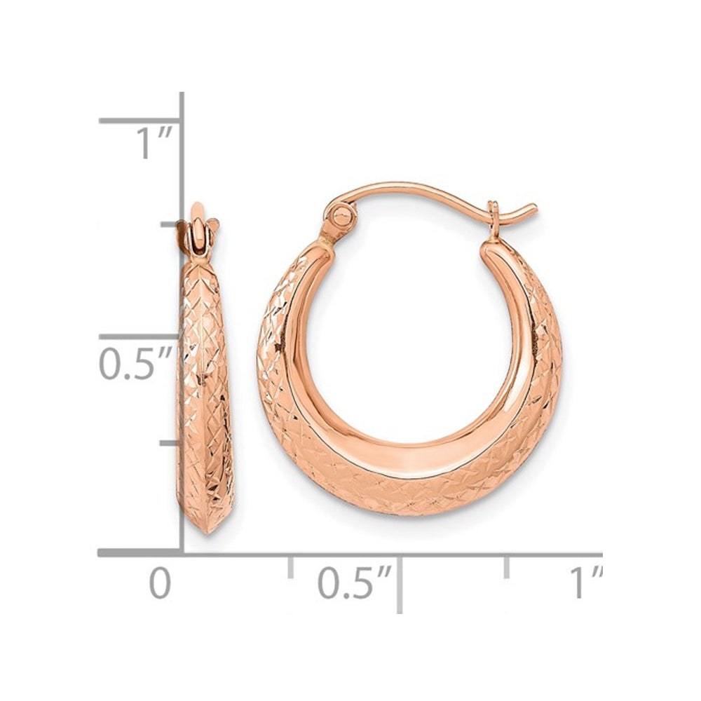 14K Rose Pink Gold Textured Hollow Hoop Earrings Image 3