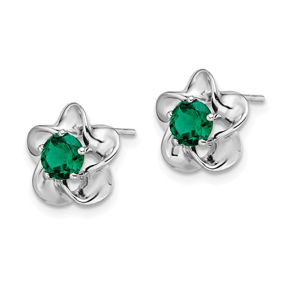7/10 Carat (ctw) Lab-Created Emerald Flower Post Earrings in Sterling Silver Image 2