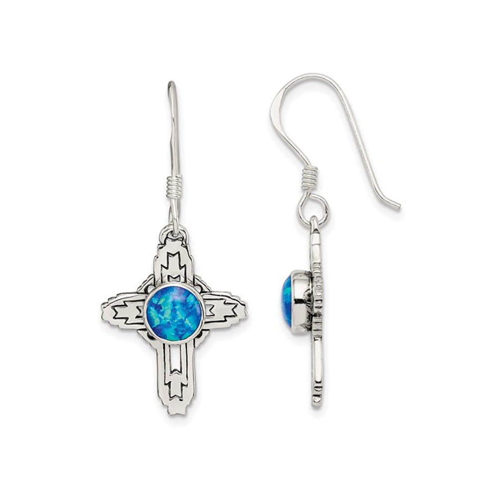 Lab-Created Blue Opal Cross Earrings in Antiqued Sterling Silver Image 1