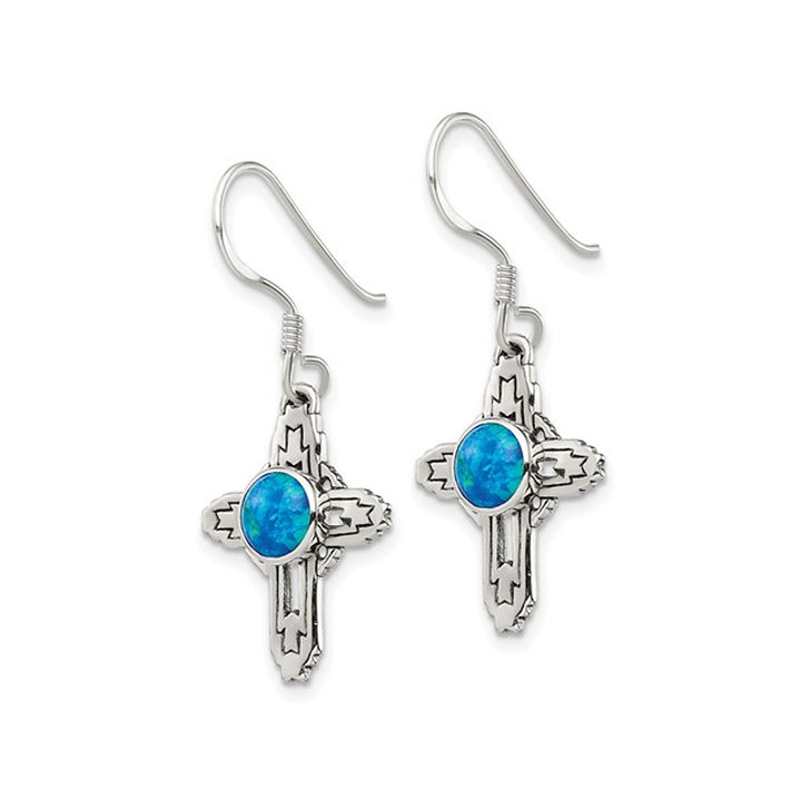 Lab-Created Blue Opal Cross Earrings in Antiqued Sterling Silver Image 2