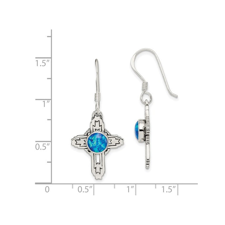 Lab-Created Blue Opal Cross Earrings in Antiqued Sterling Silver Image 3