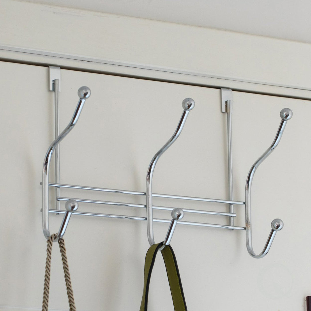 Chrome Over Door 6 Hook Hanger Organizer Rack 9.5"x5.5"x7.5" for Towels Coats Image 2