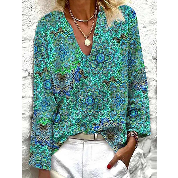 Floral Long Sleeve V Neck Casual Shirts and Tops Image 1