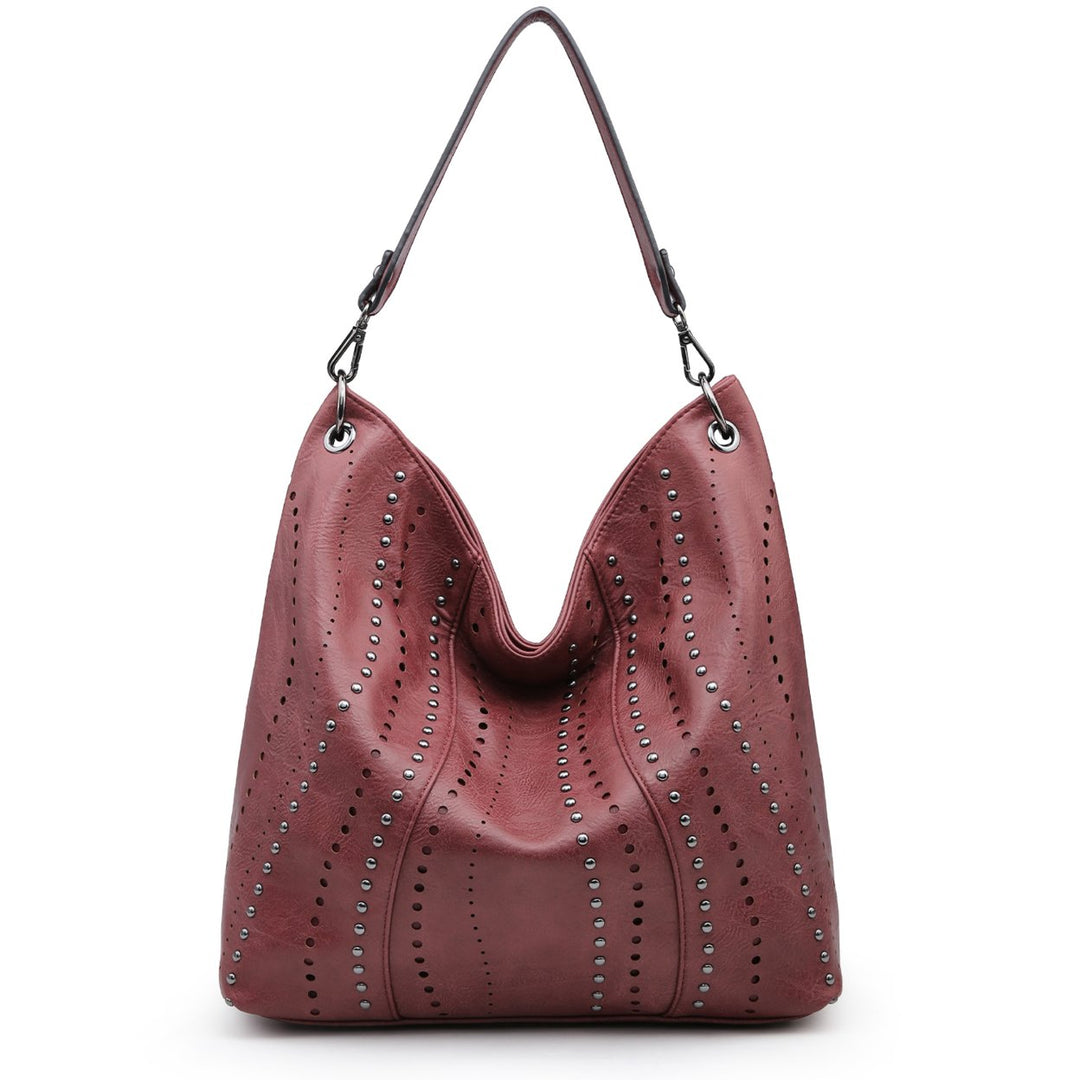 Large Hobo Shoulder Bag Bucket Handbag Purse with Studs Vegan Leather Image 4