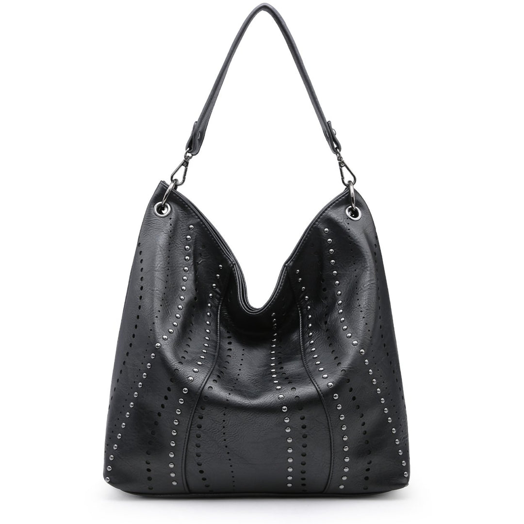Large Hobo Shoulder Bag Bucket Handbag Purse with Studs Vegan Leather Image 3