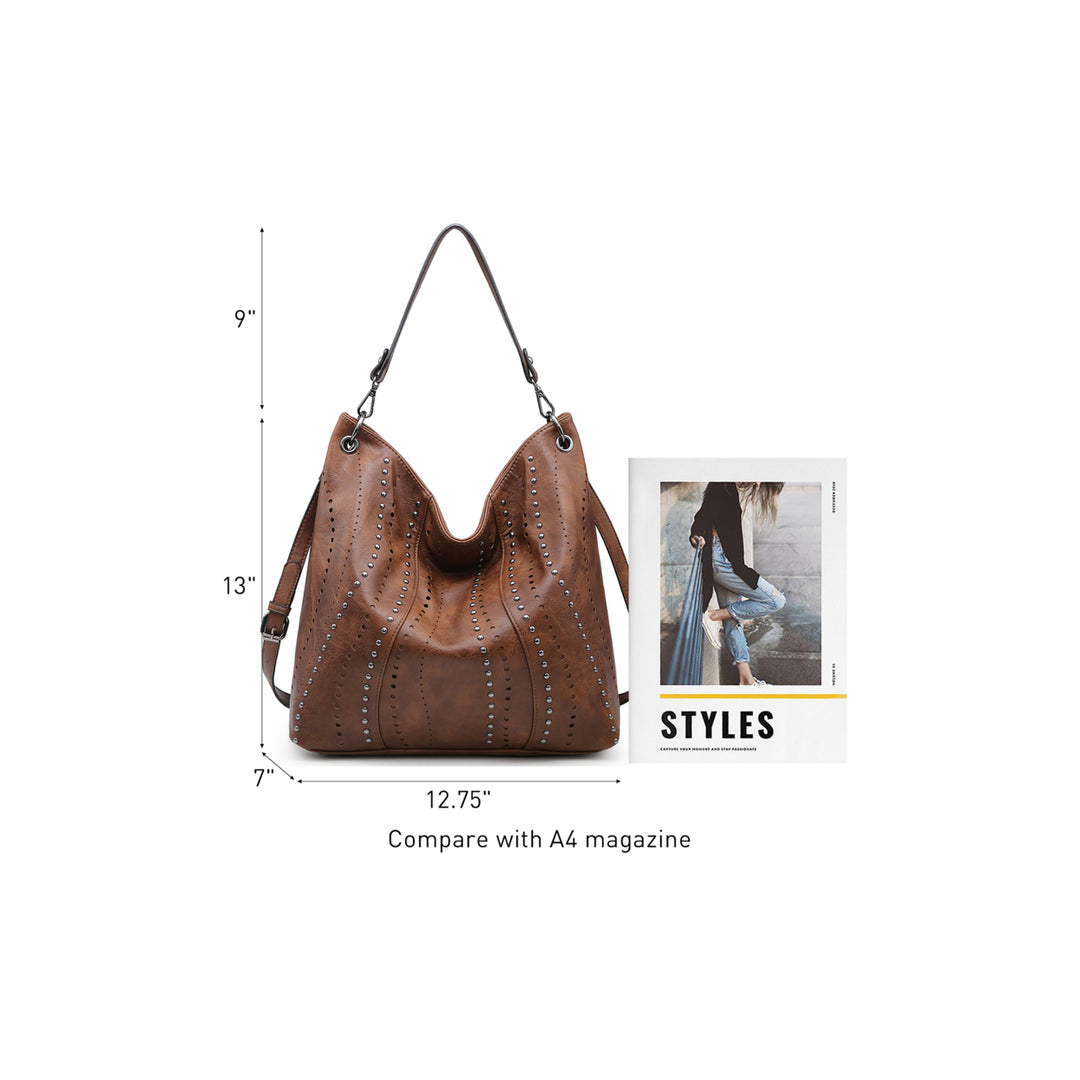 Large Hobo Shoulder Bag Bucket Handbag Purse with Studs Vegan Leather Image 11