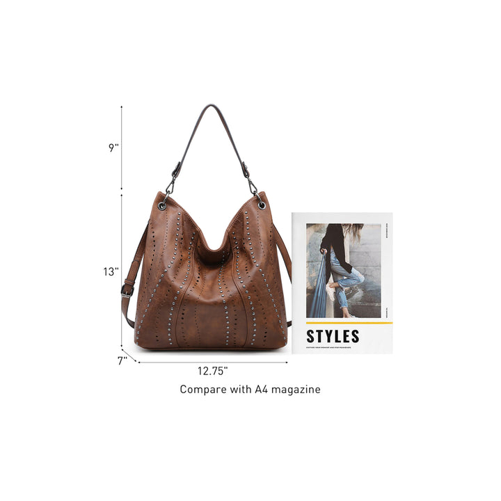 Large Hobo Shoulder Bag Bucket Handbag Purse with Studs Vegan Leather Image 11