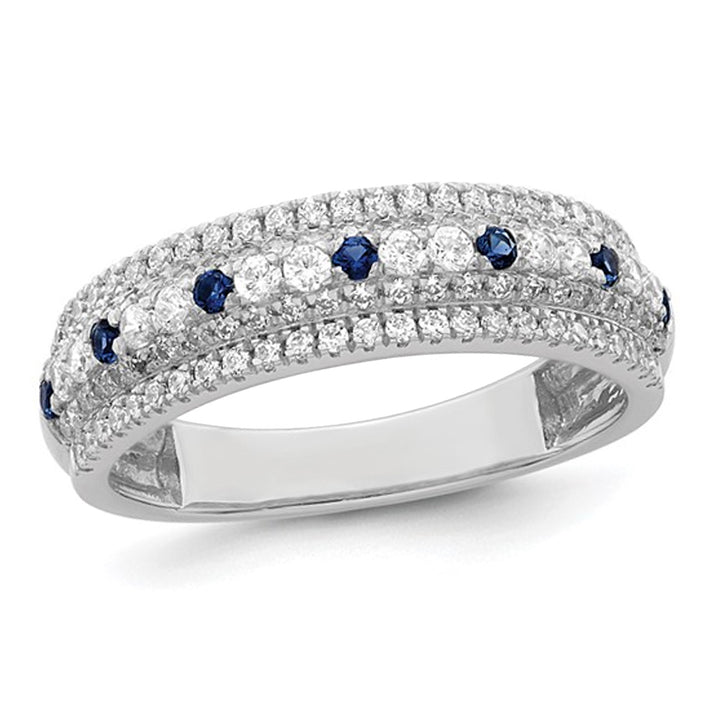 1/5 Carat (ctw) Natural Blue Sapphire Ring Band in 14K White Gold with Diamonds Image 1