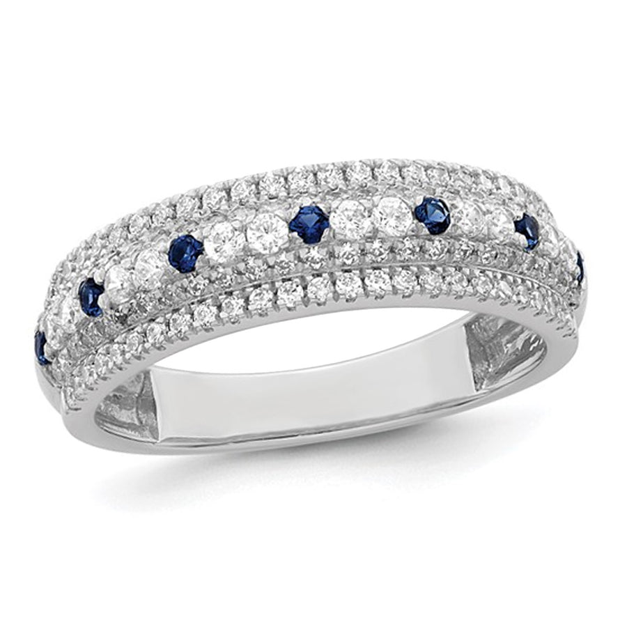 1/5 Carat (ctw) Natural Blue Sapphire Ring Band in 14K White Gold with Diamonds Image 1