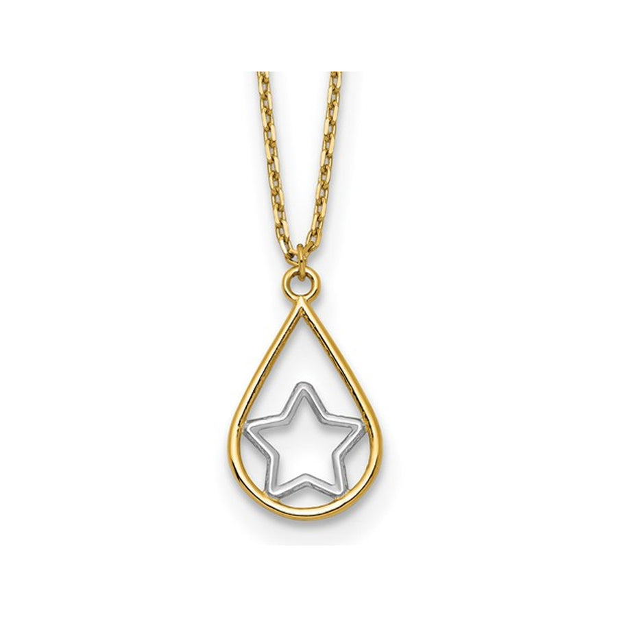 14K Yellow and White Gold Star in Teardrop Necklace with Chain Image 1