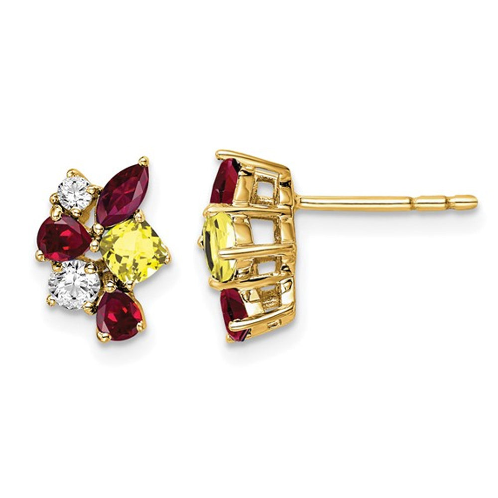 9/10 Carat (ctw) Lab-Created Ruby and Yellow Sapphire Cluster Earrings in 14K Yellow Gold with Lab-Grown Diamonds Image 1