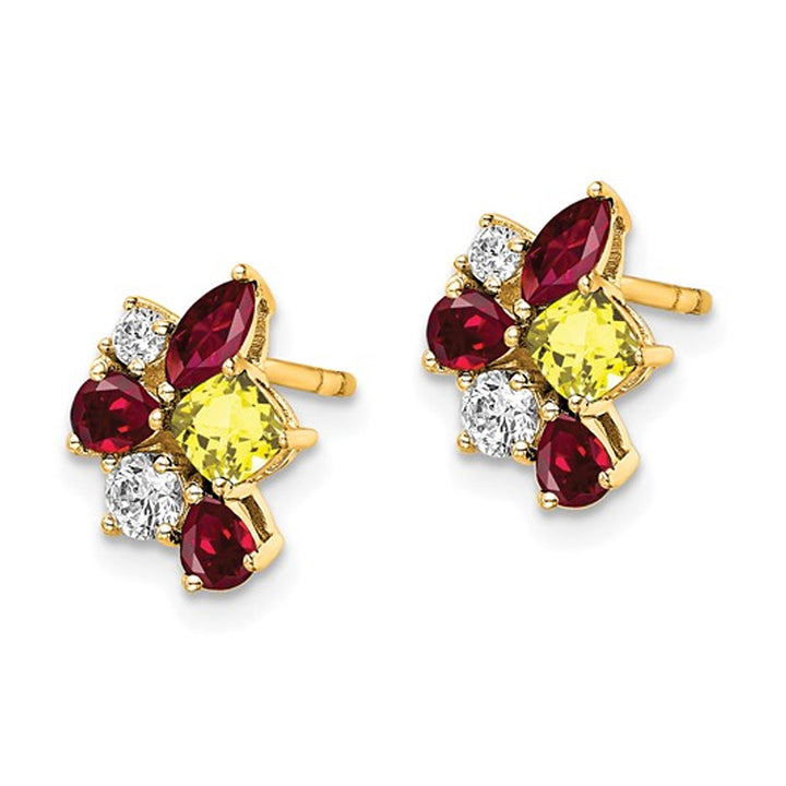 9/10 Carat (ctw) Lab-Created Ruby and Yellow Sapphire Cluster Earrings in 14K Yellow Gold with Lab-Grown Diamonds Image 3