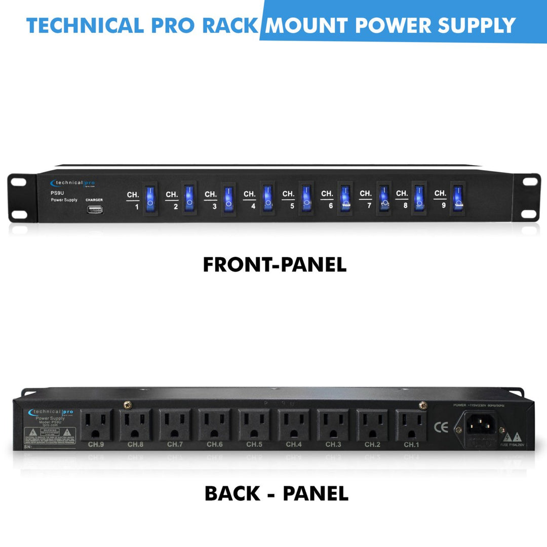 Technical Pro 1800W 9 Outlet High Load Electric Rack Mount Power Supply w/ 9 power switches Extension Cords and 5V USB Image 2