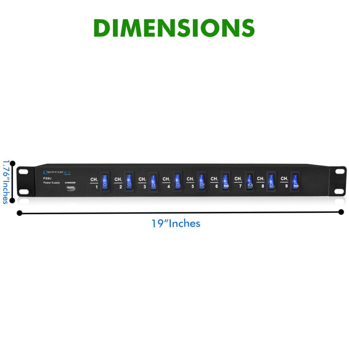 Technical Pro 1800W 9 Outlet High Load Electric Rack Mount Power Supply w/ 9 power switches Extension Cords and 5V USB Image 3