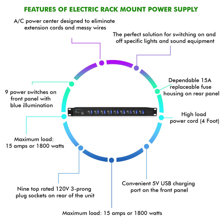Technical Pro 1800W 9 Outlet High Load Electric Rack Mount Power Supply w/ 9 power switches Extension Cords and 5V USB Image 4