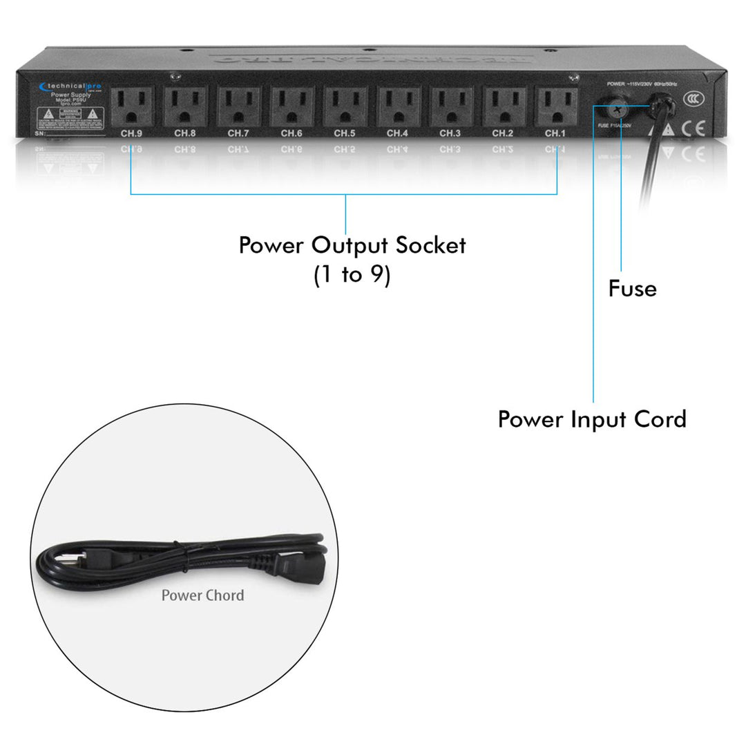 Technical Pro 1800W 9 Outlet High Load Electric Rack Mount Power Supply w/ 9 power switches Extension Cords and 5V USB Image 4