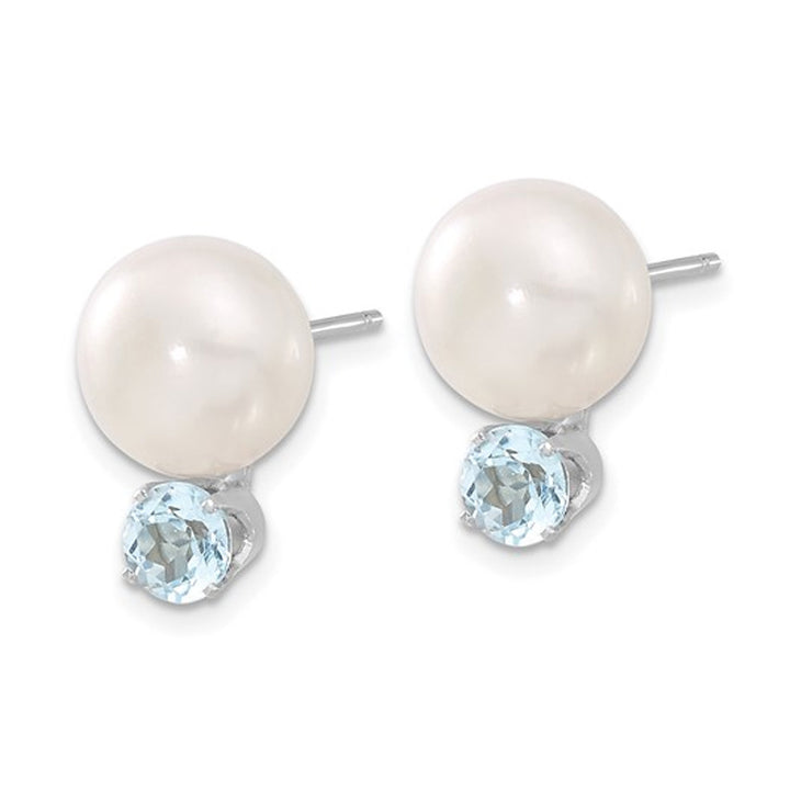 Sterling Silver Freshwater Cultured White Button Pearl 10-11mm Solitaire Stud Earrings with Blue Topaz Image 2