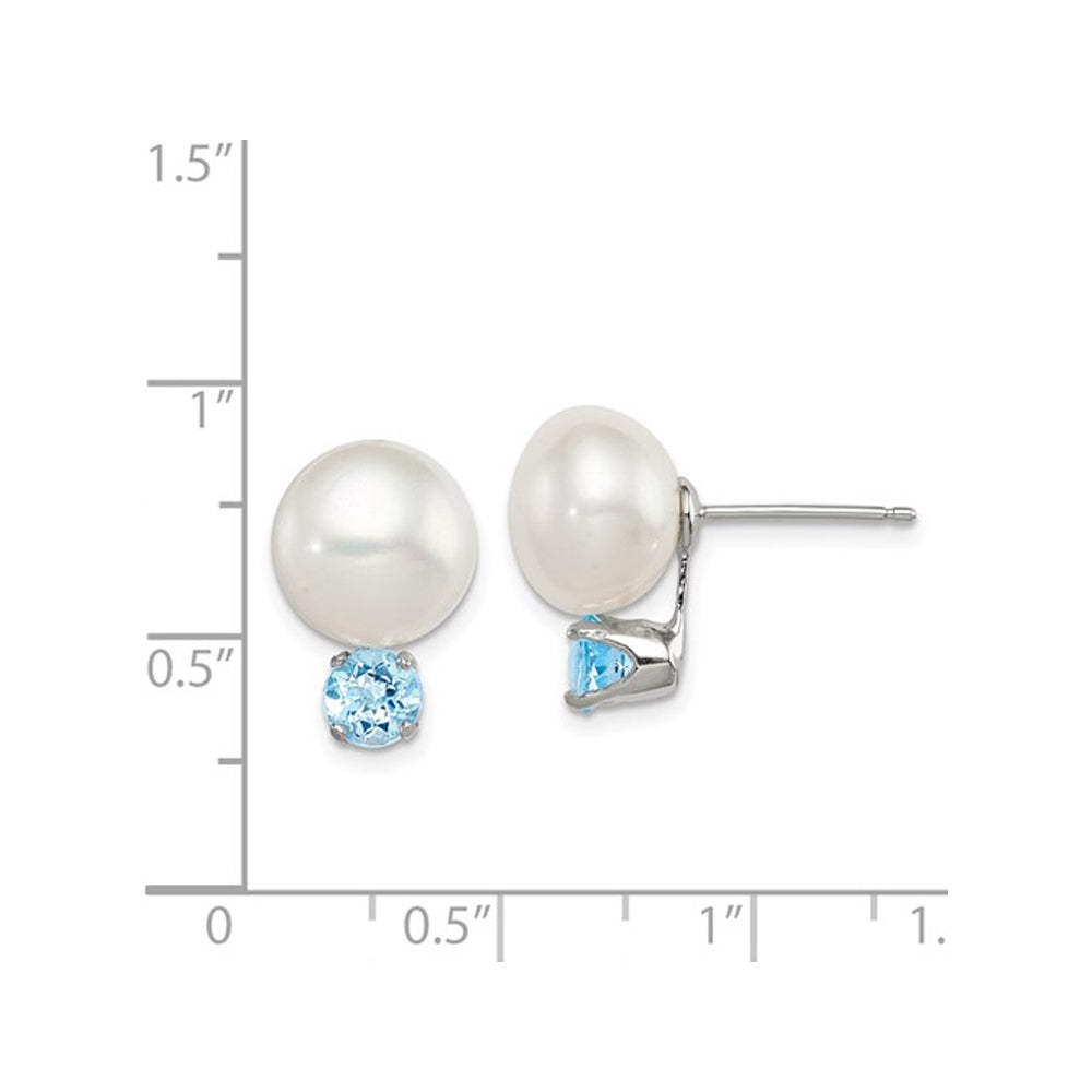 Sterling Silver Freshwater Cultured White Button Pearl 10-11mm Solitaire Stud Earrings with Blue Topaz Image 3