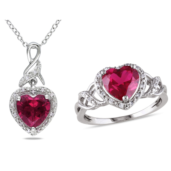 4.50 Carat (ctw) Lab-Created Ruby Heart Ring and Matching Pendant in Sterling Silver Image 1