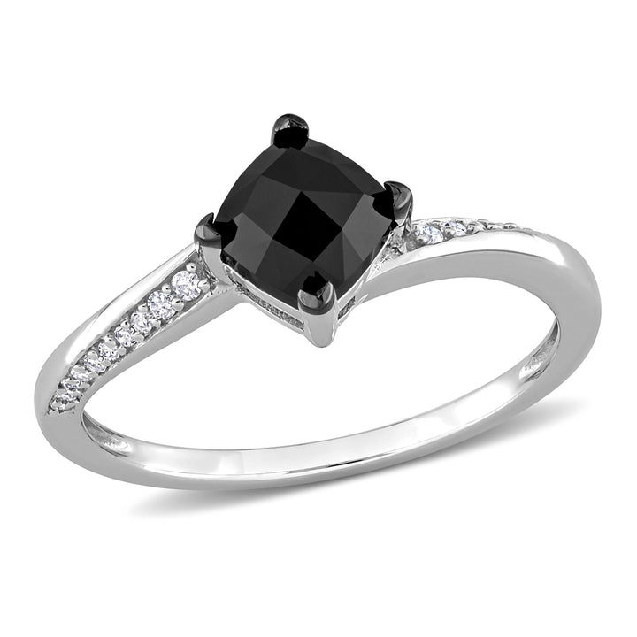 1.00 Carat (ctw) Black Diamond Cushion-Cut Solitaire Engagement Ring in 10k White Gold Image 1