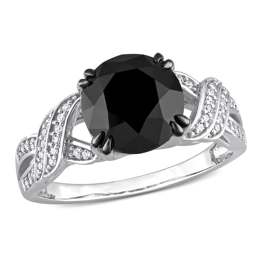 3 1/8 Carat (ctw) Black and White Solitaire Diamond Ring in 10k White Gold Image 1