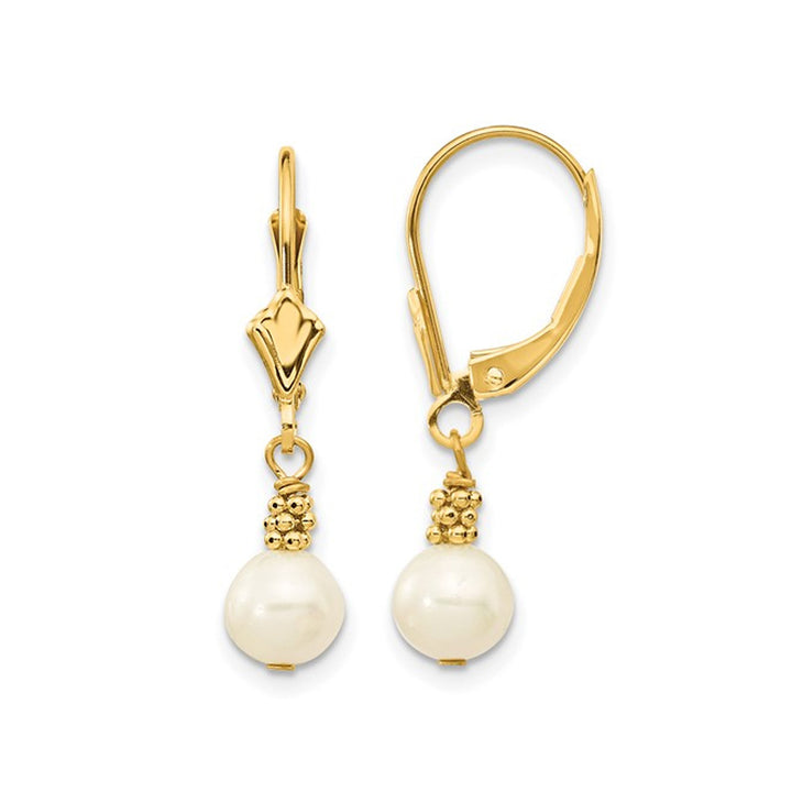 14K Yellow Gold White Freshwater Cultured Pearl (5-6mm) Dangle Leverback Earrings Image 1