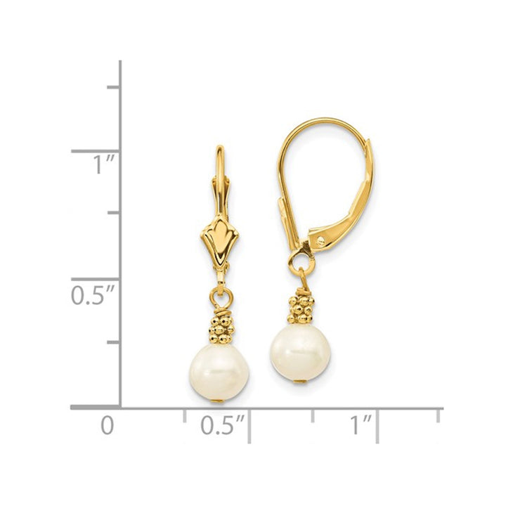 14K Yellow Gold White Freshwater Cultured Pearl (5-6mm) Dangle Leverback Earrings Image 3