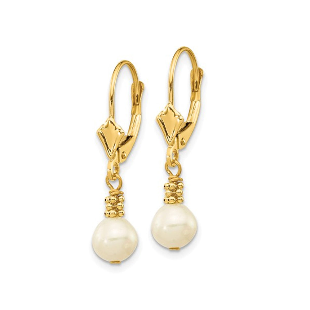14K Yellow Gold White Freshwater Cultured Pearl (5-6mm) Dangle Leverback Earrings Image 4