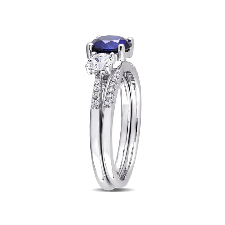 1.60 Carat (ctw) Lab-Created Blue Sapphire Engagement Ring and Bridal Wedding Set with Diamonds 10K White Gold Image 3