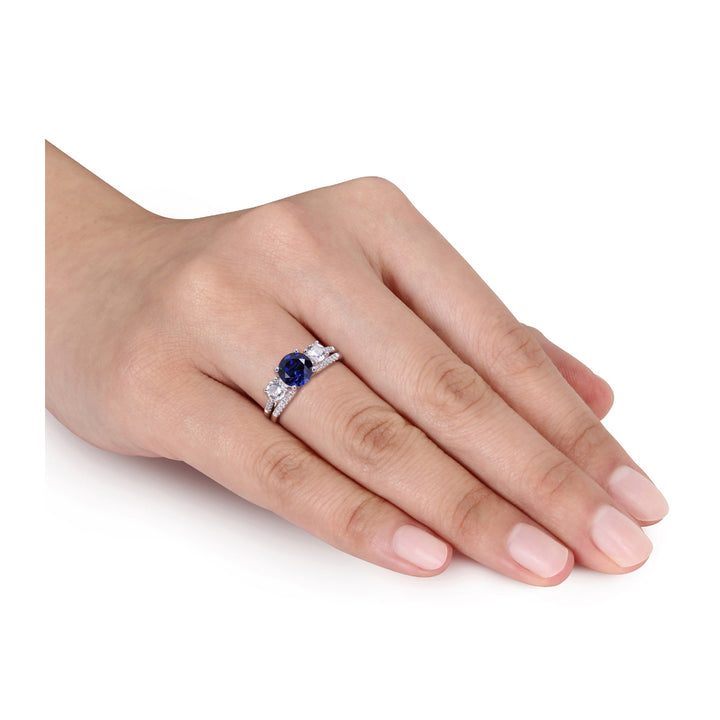 1.60 Carat (ctw) Lab-Created Blue Sapphire Engagement Ring and Bridal Wedding Set with Diamonds 10K White Gold Image 4