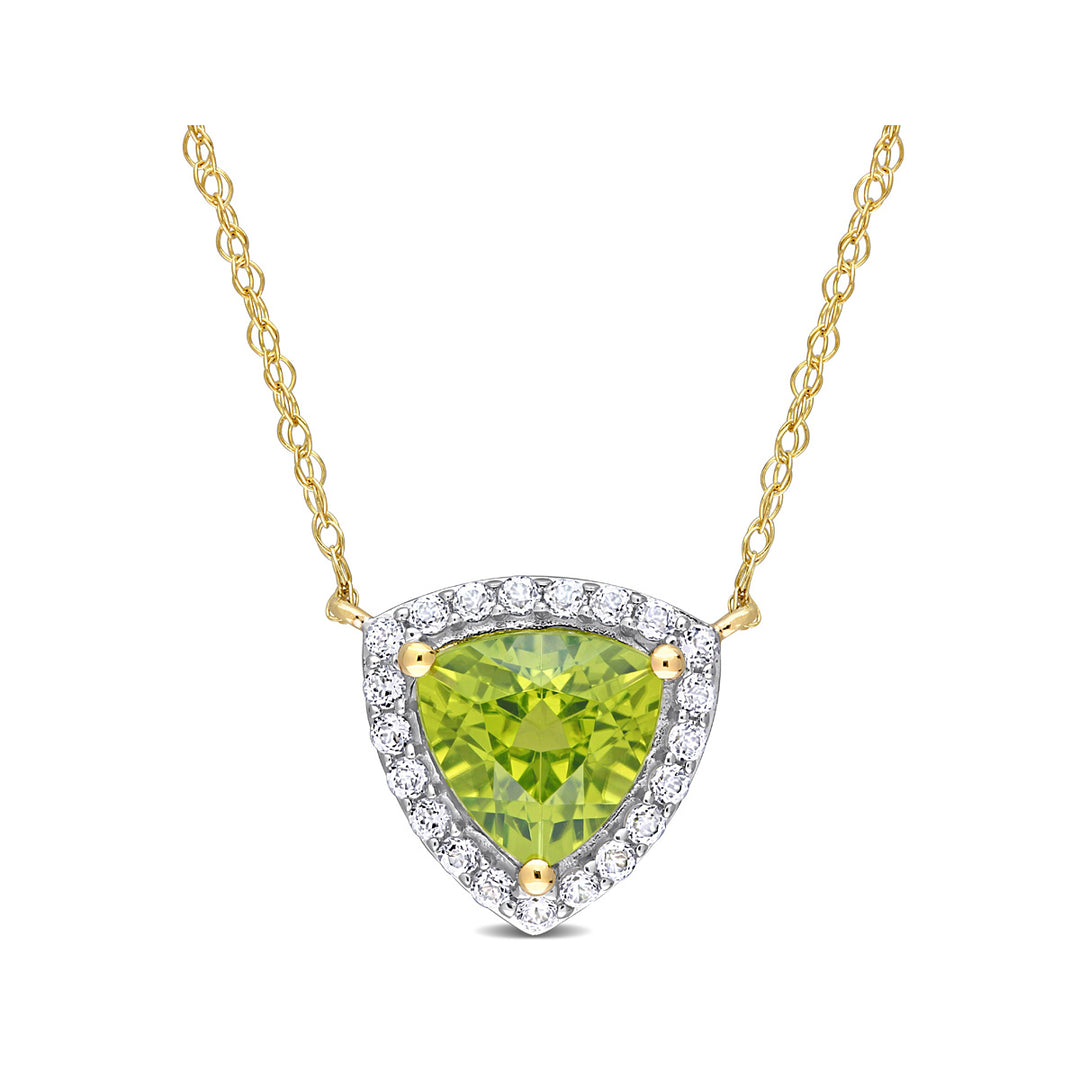 1.50 Carat (ctw) Trillion Peridot Pendant Necklace in 10K Yellow Gold with White Topaz and Chain Image 1