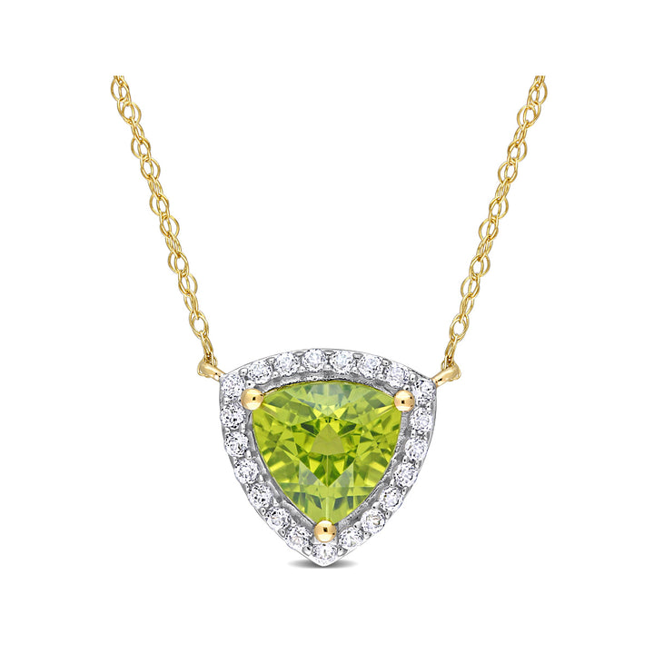 1.50 Carat (ctw) Trillion Peridot Pendant Necklace in 10K Yellow Gold with White Topaz and Chain Image 1