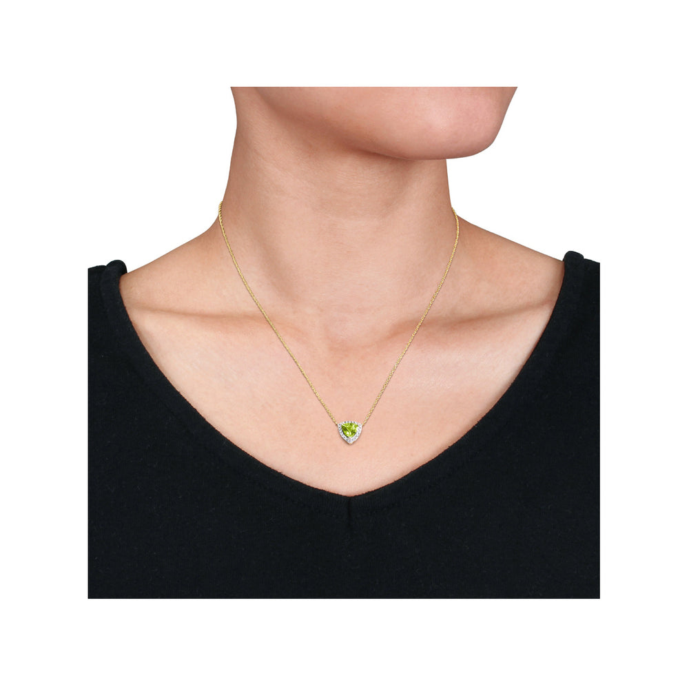 1.50 Carat (ctw) Trillion Peridot Pendant Necklace in 10K Yellow Gold with White Topaz and Chain Image 2