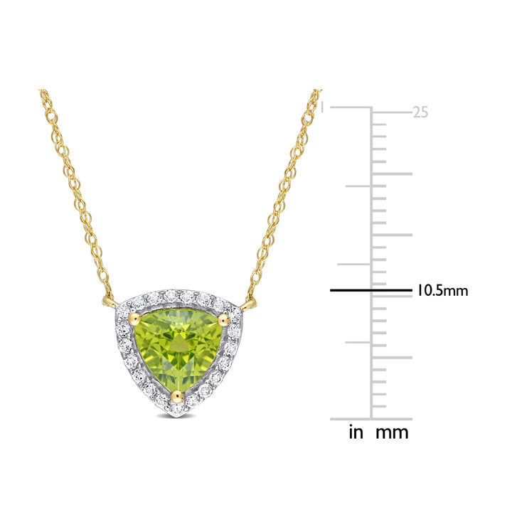 1.50 Carat (ctw) Trillion Peridot Pendant Necklace in 10K Yellow Gold with White Topaz and Chain Image 3