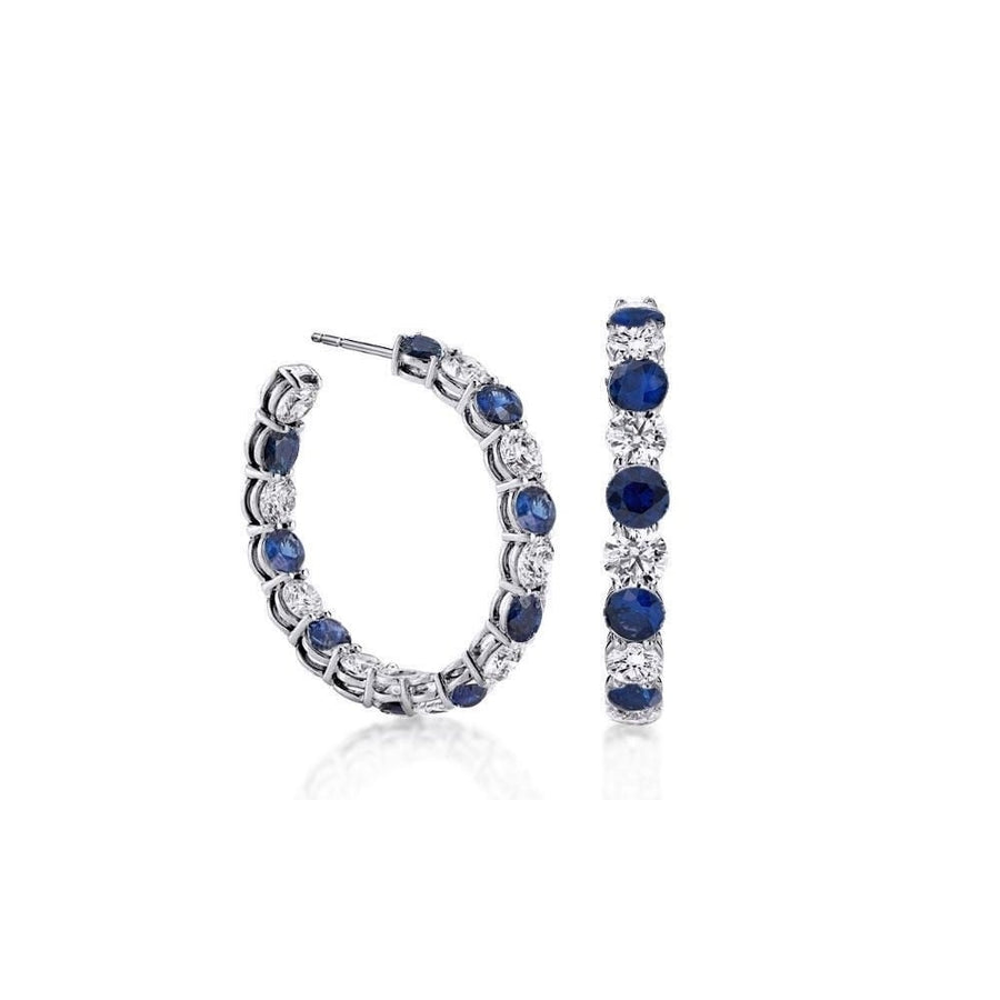 18K White Gold Plated Blue White Sapphire Inside Out Hoop Earrings Image 1