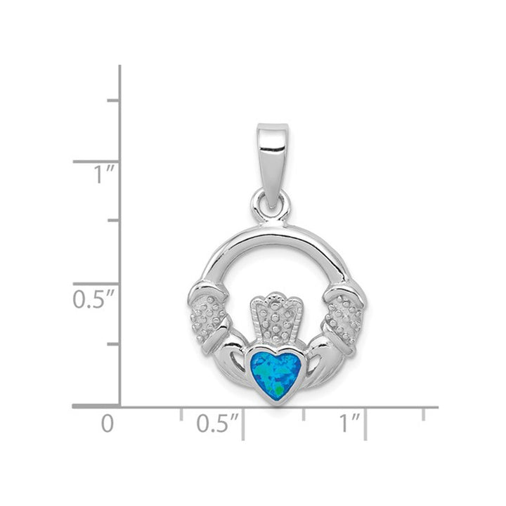 Lab-Created Blue Opal Irish Claddagh Heart Pendant Necklace in Sterling Silver with Chain Image 3