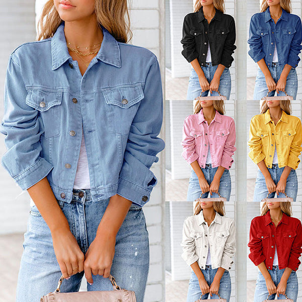 cotton blend solid denim jacket long sleeve top Image 1